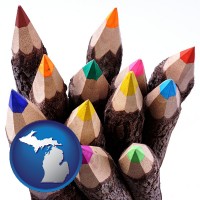 michigan map icon and colored pencils