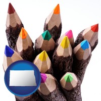 north-dakota map icon and colored pencils