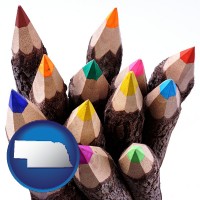 nebraska map icon and colored pencils