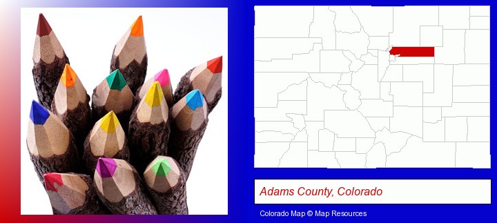 colored pencils; Adams County, Colorado highlighted in red on a map