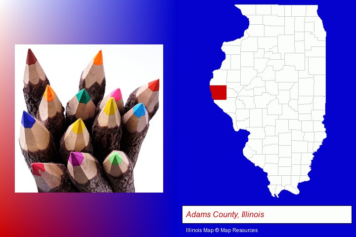colored pencils; Adams County, Illinois highlighted in red on a map
