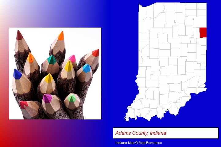 colored pencils; Adams County, Indiana highlighted in red on a map