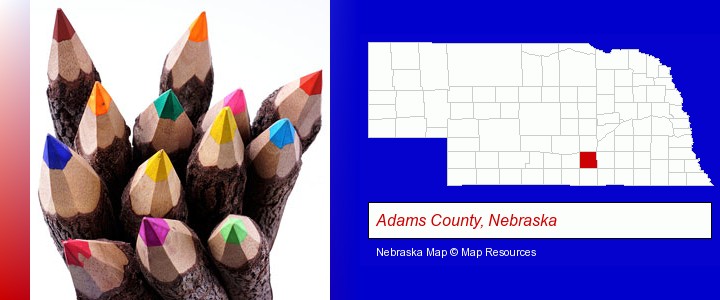 colored pencils; Adams County, Nebraska highlighted in red on a map