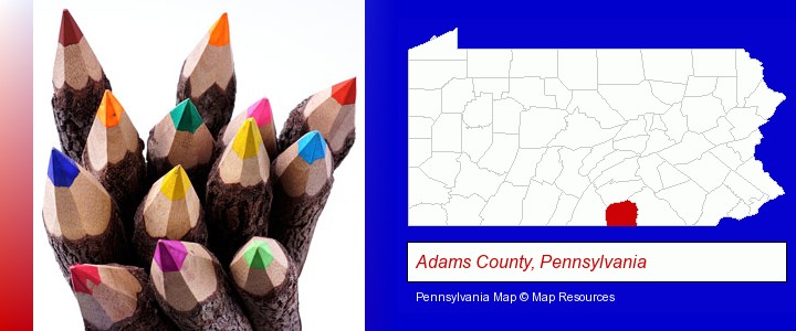 colored pencils; Adams County, Pennsylvania highlighted in red on a map
