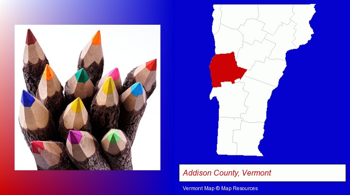 colored pencils; Addison County, Vermont highlighted in red on a map
