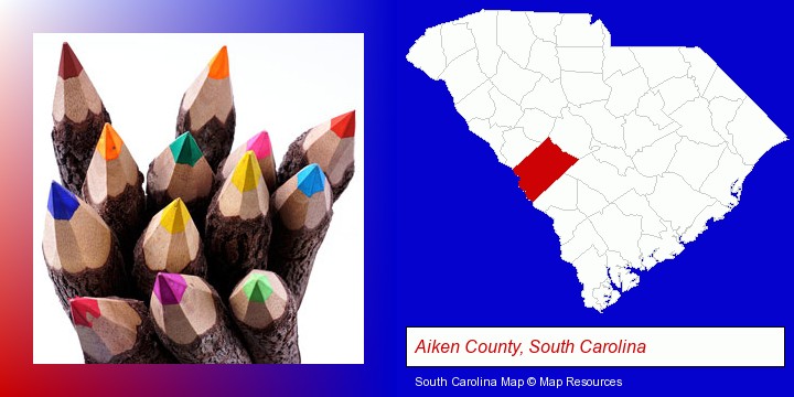 colored pencils; Aiken County, South Carolina highlighted in red on a map