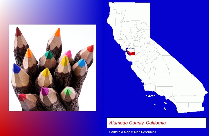 colored pencils; Alameda County, California highlighted in red on a map