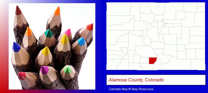 colored pencils; Alamosa County, Colorado highlighted in red on a map