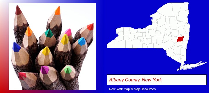 colored pencils; Albany County, New York highlighted in red on a map