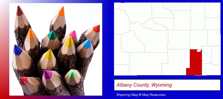 colored pencils; Albany County, Wyoming highlighted in red on a map