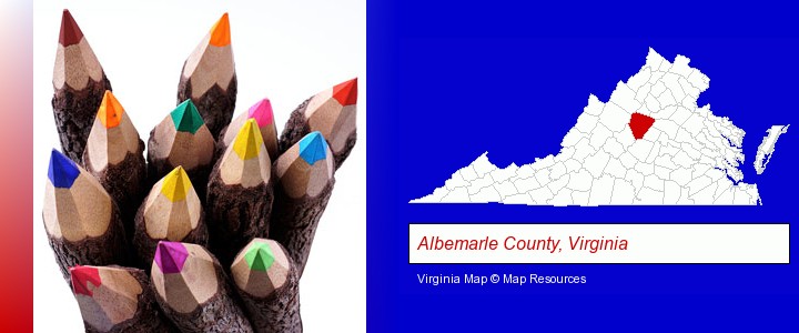 colored pencils; Albemarle County, Virginia highlighted in red on a map