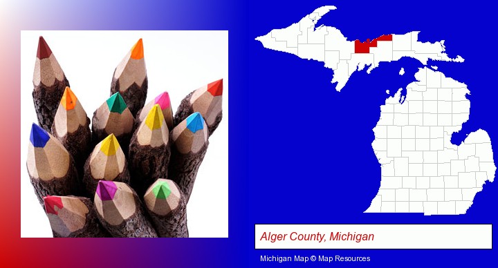 colored pencils; Alger County, Michigan highlighted in red on a map