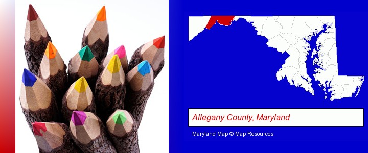 colored pencils; Allegany County, Maryland highlighted in red on a map