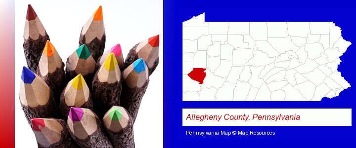 colored pencils; Allegheny County, Pennsylvania highlighted in red on a map