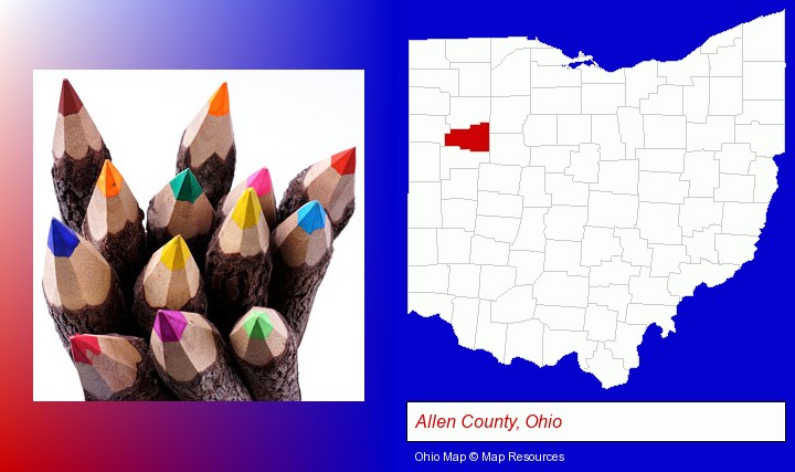 colored pencils; Allen County, Ohio highlighted in red on a map