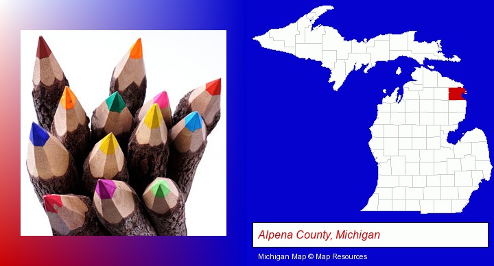 colored pencils; Alpena County, Michigan highlighted in red on a map