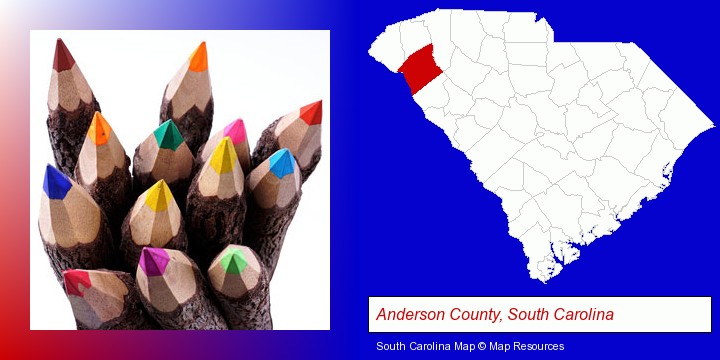 colored pencils; Anderson County, South Carolina highlighted in red on a map