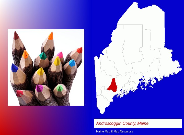 colored pencils; Androscoggin County, Maine highlighted in red on a map