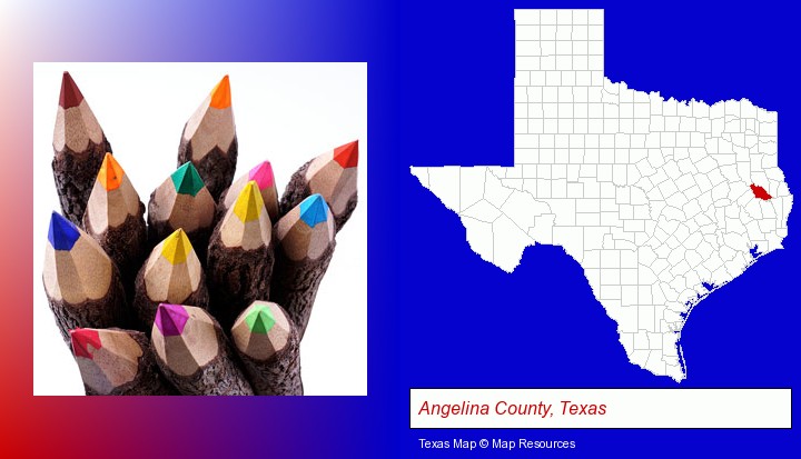 colored pencils; Angelina County, Texas highlighted in red on a map