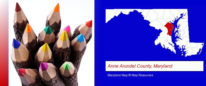 colored pencils; Anne Arundel County, Maryland highlighted in red on a map
