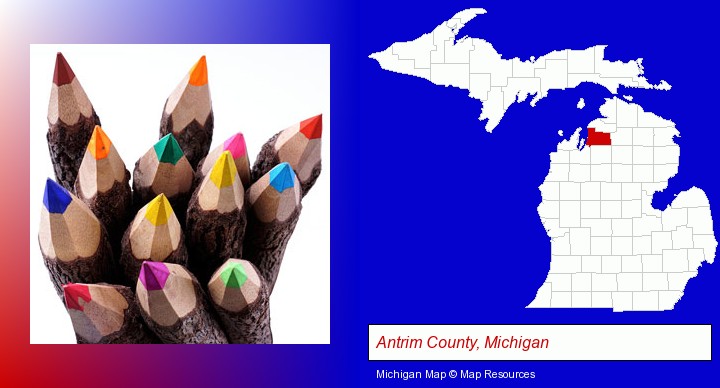 colored pencils; Antrim County, Michigan highlighted in red on a map