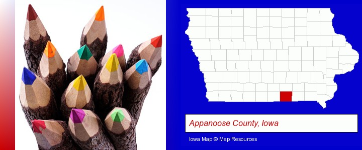 colored pencils; Appanoose County, Iowa highlighted in red on a map