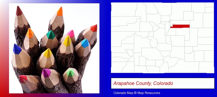 colored pencils; Arapahoe County, Colorado highlighted in red on a map