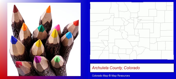 colored pencils; Archuleta County, Colorado highlighted in red on a map