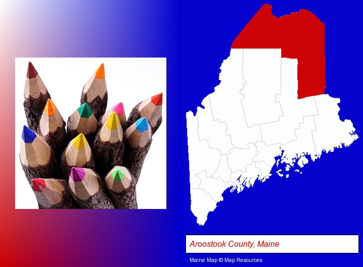 colored pencils; Aroostook County, Maine highlighted in red on a map