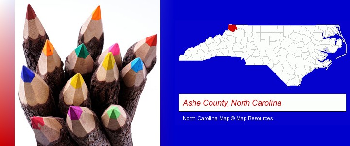 colored pencils; Ashe County, North Carolina highlighted in red on a map