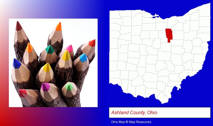 colored pencils; Ashland County, Ohio highlighted in red on a map