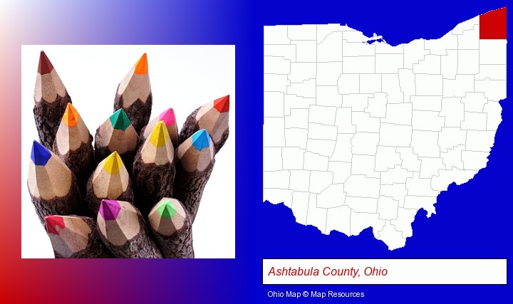 colored pencils; Ashtabula County, Ohio highlighted in red on a map