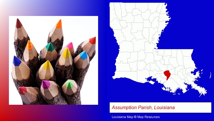 colored pencils; Assumption Parish, Louisiana highlighted in red on a map