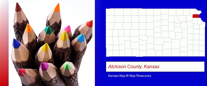 colored pencils; Atchison County, Kansas highlighted in red on a map
