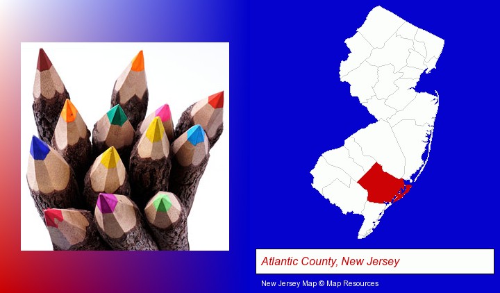 colored pencils; Atlantic County, New Jersey highlighted in red on a map