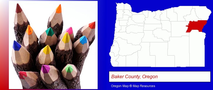 colored pencils; Baker County, Oregon highlighted in red on a map
