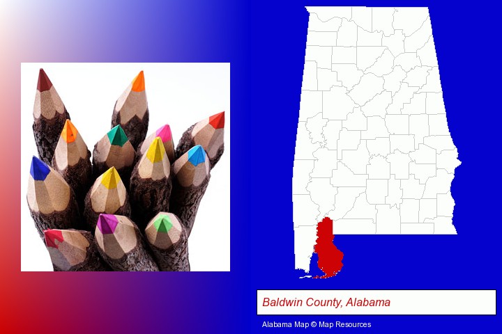colored pencils; Baldwin County, Alabama highlighted in red on a map