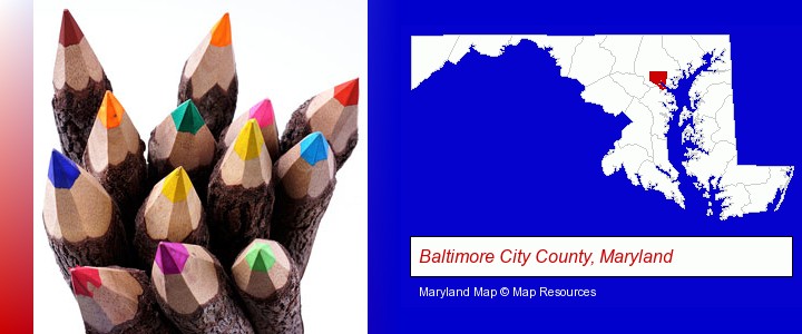 colored pencils; Baltimore City County, Maryland highlighted in red on a map