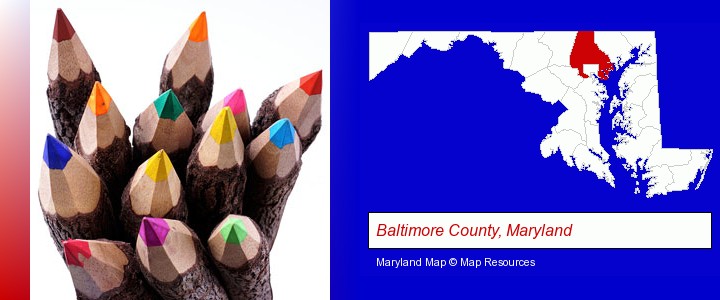 colored pencils; Baltimore County, Maryland highlighted in red on a map
