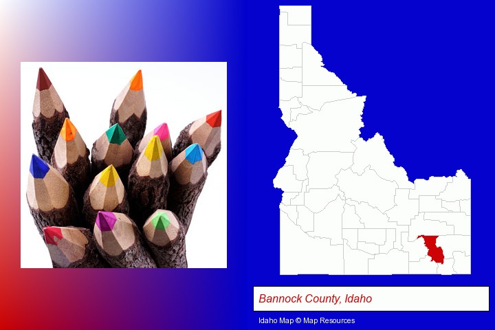 colored pencils; Bannock County, Idaho highlighted in red on a map