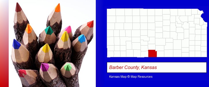 colored pencils; Barber County, Kansas highlighted in red on a map