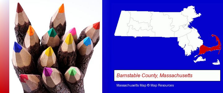 colored pencils; Barnstable County, Massachusetts highlighted in red on a map