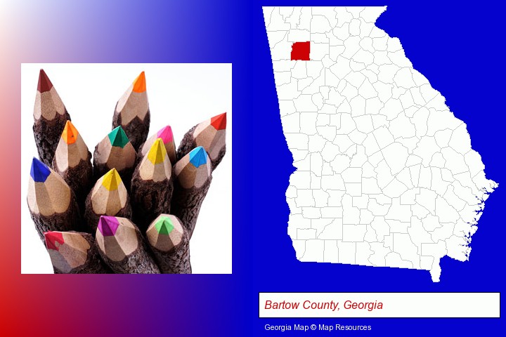 colored pencils; Bartow County, Georgia highlighted in red on a map