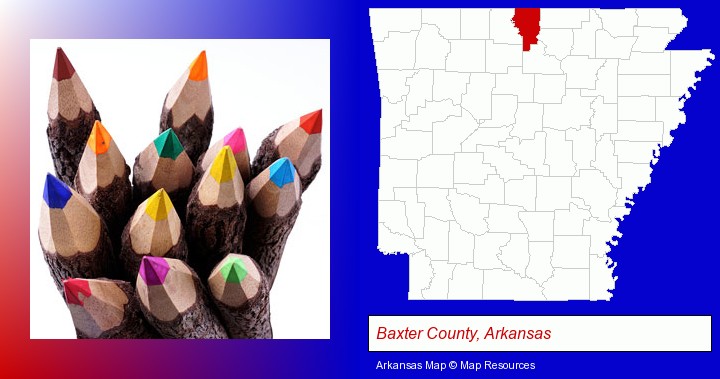 colored pencils; Baxter County, Arkansas highlighted in red on a map