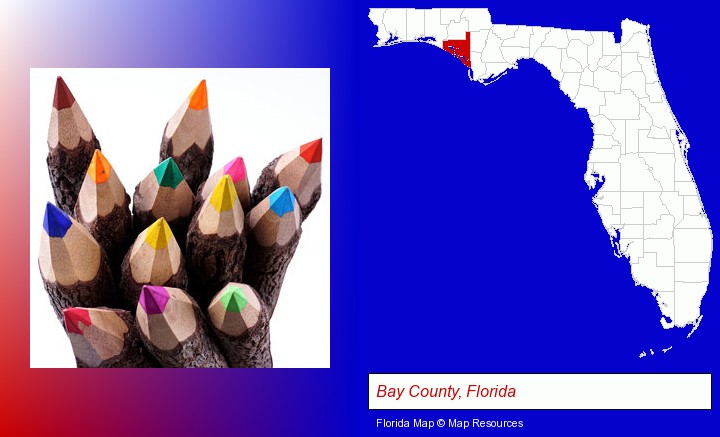 colored pencils; Bay County, Florida highlighted in red on a map