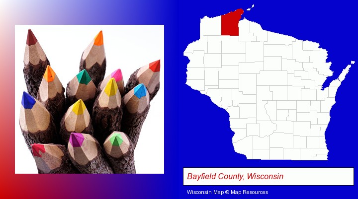 colored pencils; Bayfield County, Wisconsin highlighted in red on a map