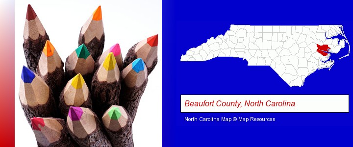 colored pencils; Beaufort County, North Carolina highlighted in red on a map