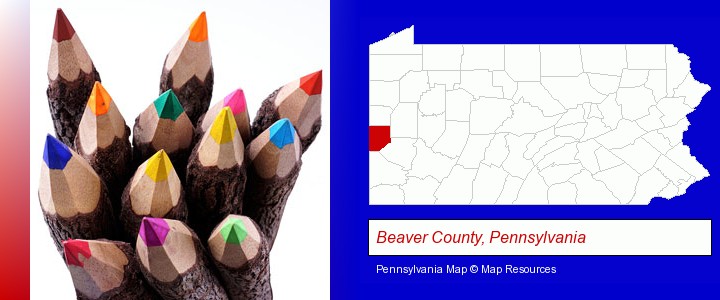 colored pencils; Beaver County, Pennsylvania highlighted in red on a map