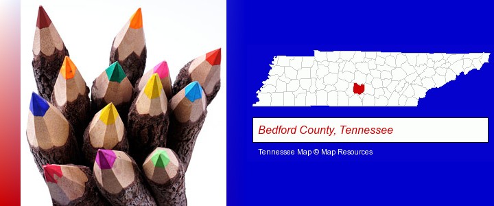 colored pencils; Bedford County, Tennessee highlighted in red on a map