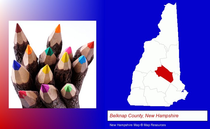 colored pencils; Belknap County, New Hampshire highlighted in red on a map